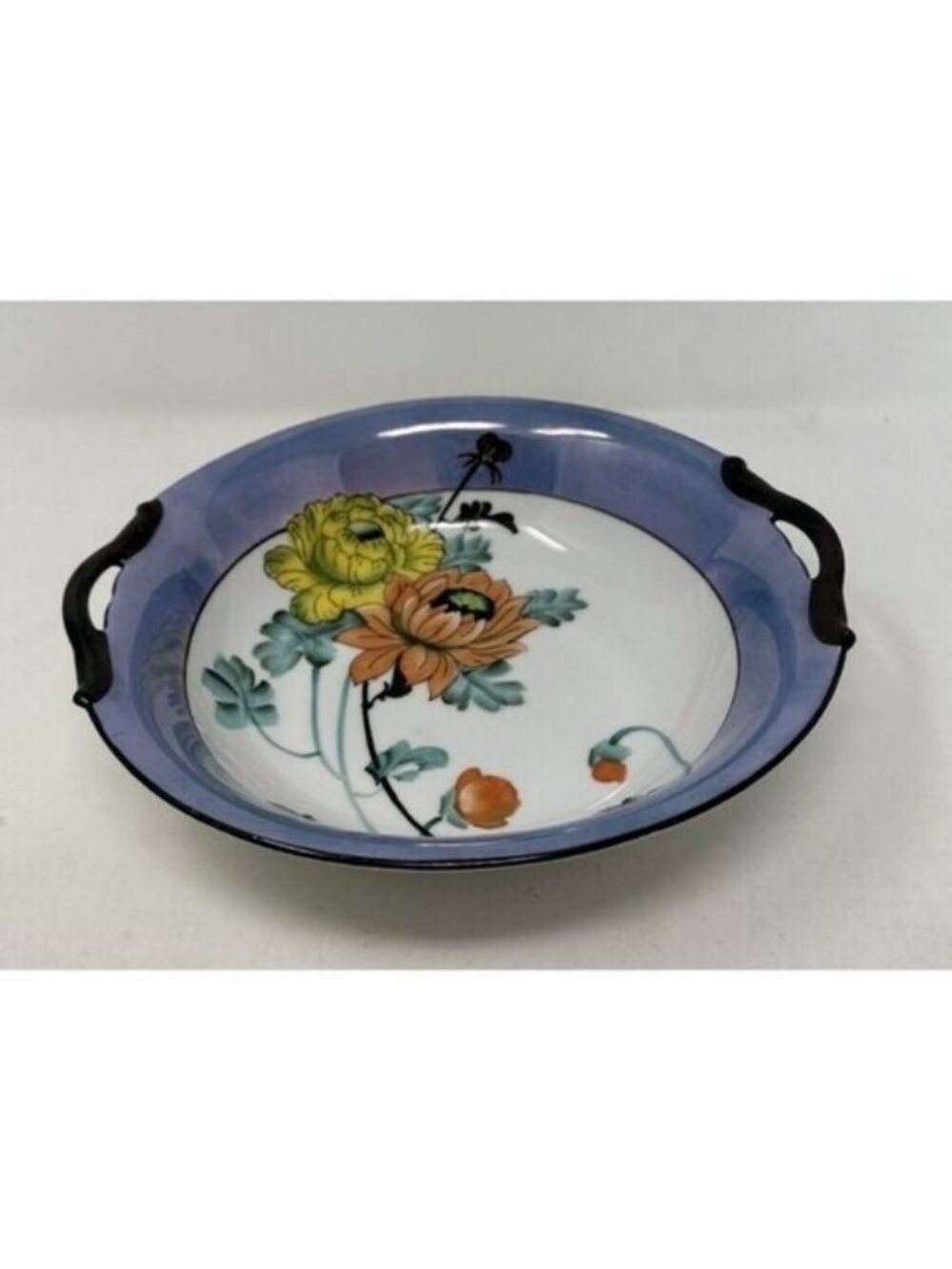 NORITAKE MORIMURA TWO HANDLED SERVING BOWL Floral Art Deco Blue Luster Ware - Picture 2 of 15